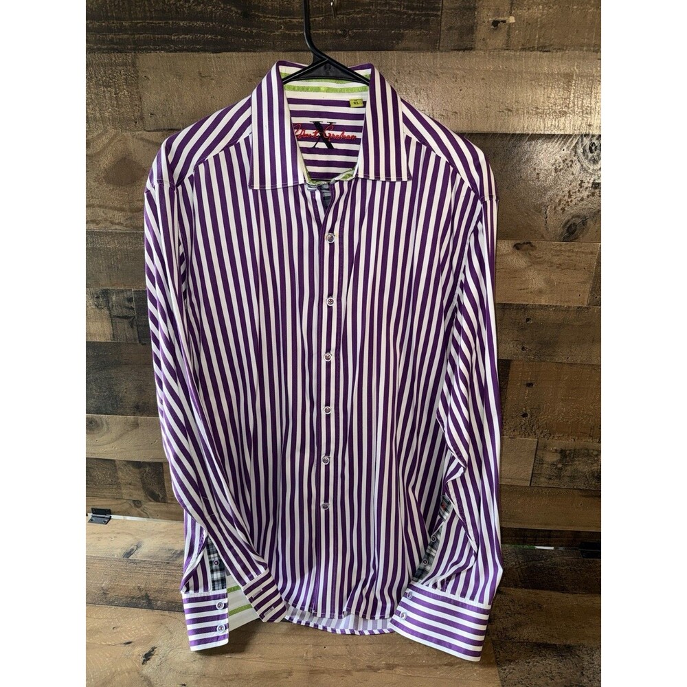 Robert Graham Mens Striped Button Down Shirt Purple White Long Sleeve XL